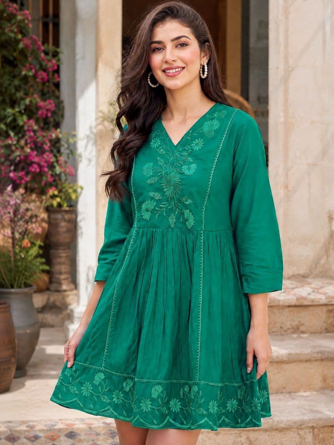 KALINI Floral Women Three-Quarter Sleeves Embroidered A-Line Dress - view 1