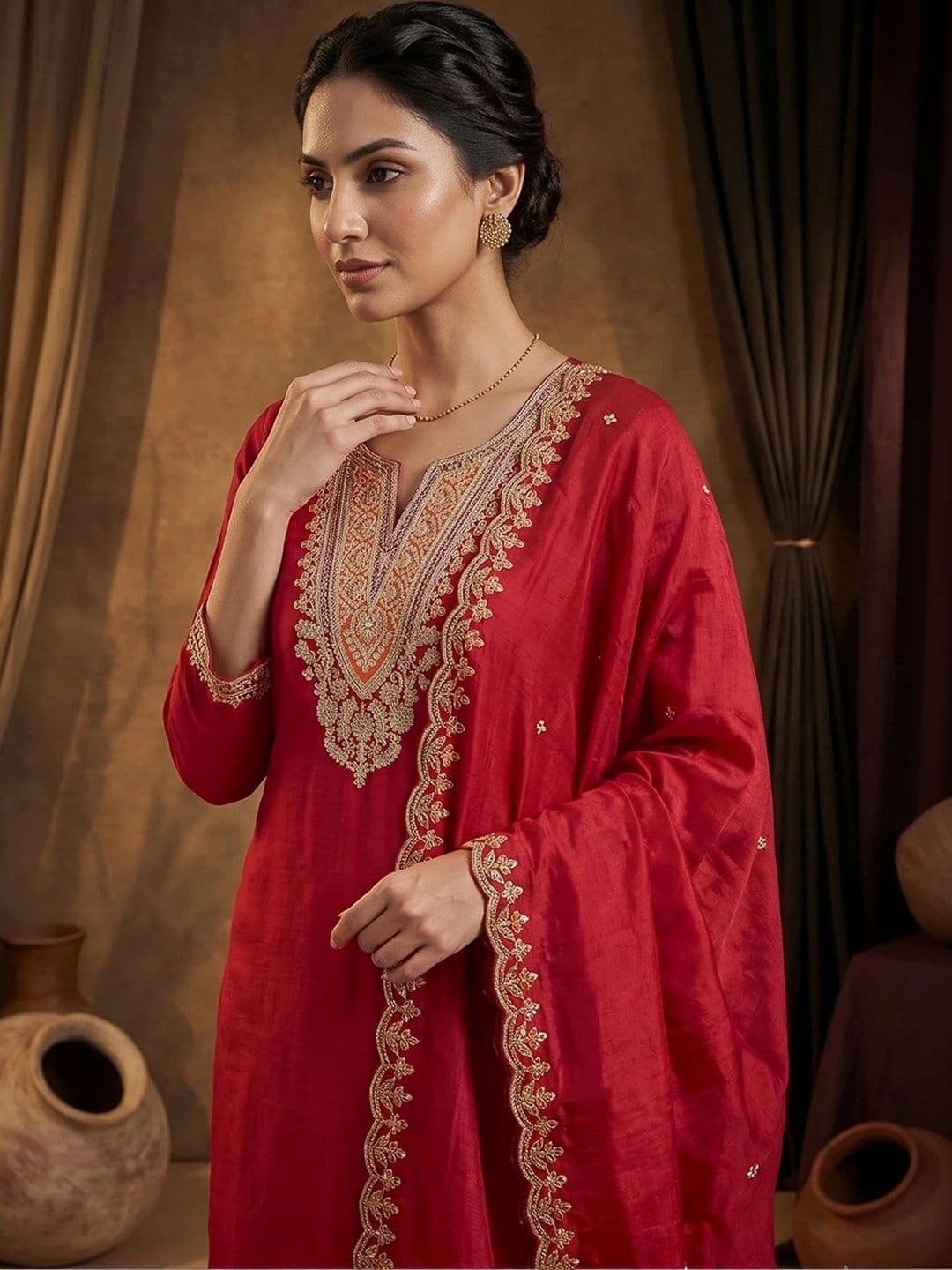 Meena Bazaar Women Ethnic Motifs Embroidered Kurta with Trousers & Dupatta thumbnail 2