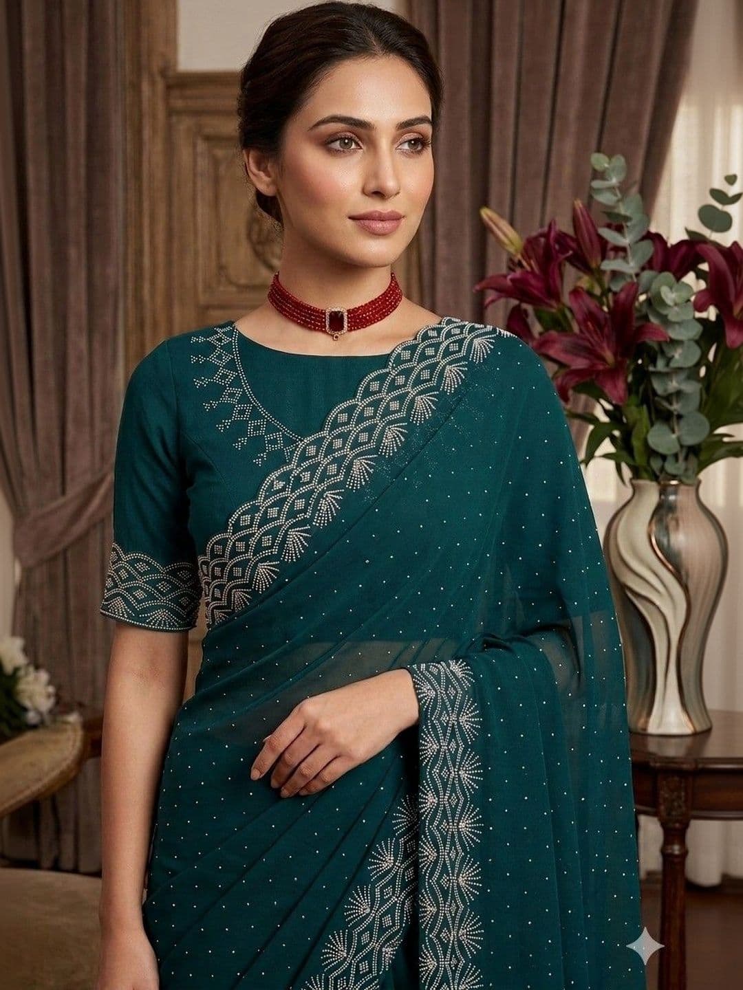 SmileyFashion Embellished Pure Georgette Designer Saree thumbnail 5