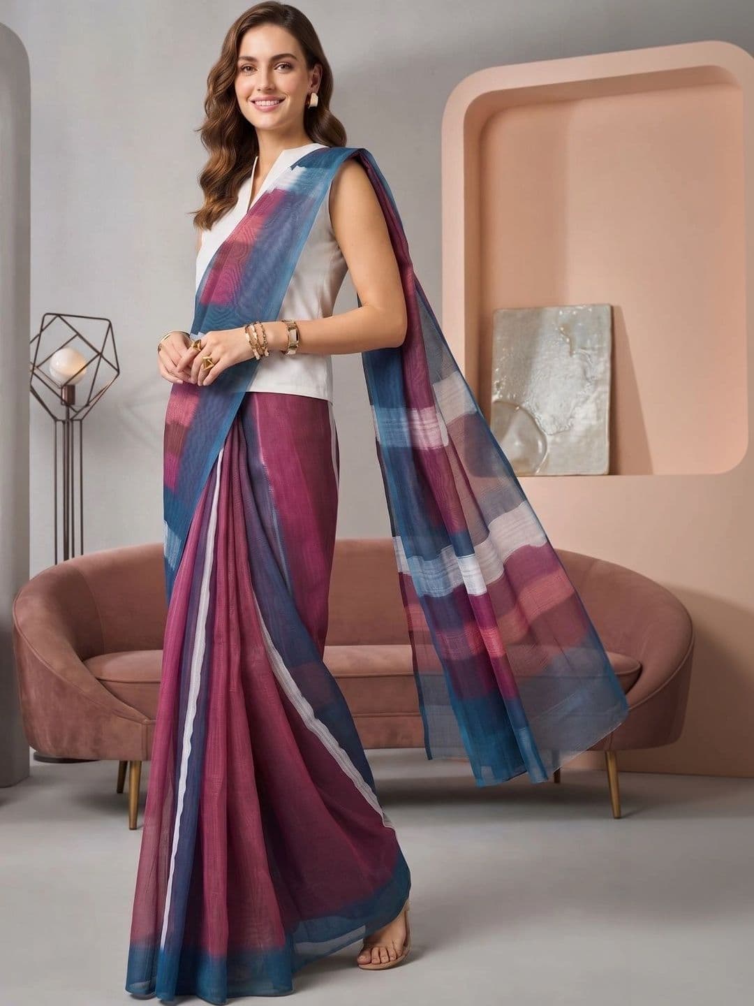 BORAD FASHION Striped Designer Chanderi Saree - view 1
