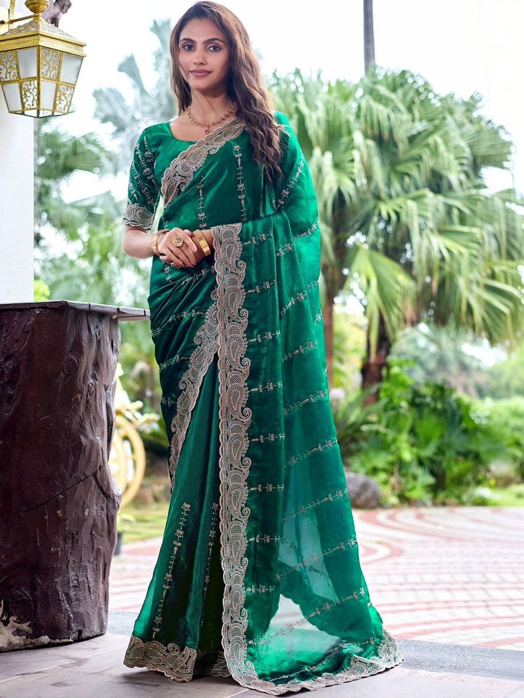 K 5 Fashion Ethnic Motifs Embroidered Satin Fusion Ikat Saree - view 1