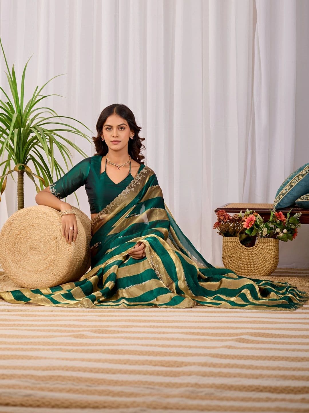 K 5 Fashion Ethnic Motifs Embroidered Satin Fusion Ikat Saree thumbnail 7