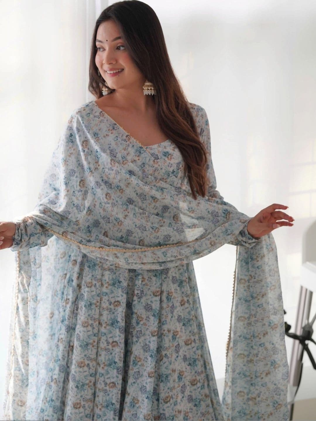PALMIRA Women Floral Printed Empire Kurta with Trousers & With Dupatta thumbnail 7