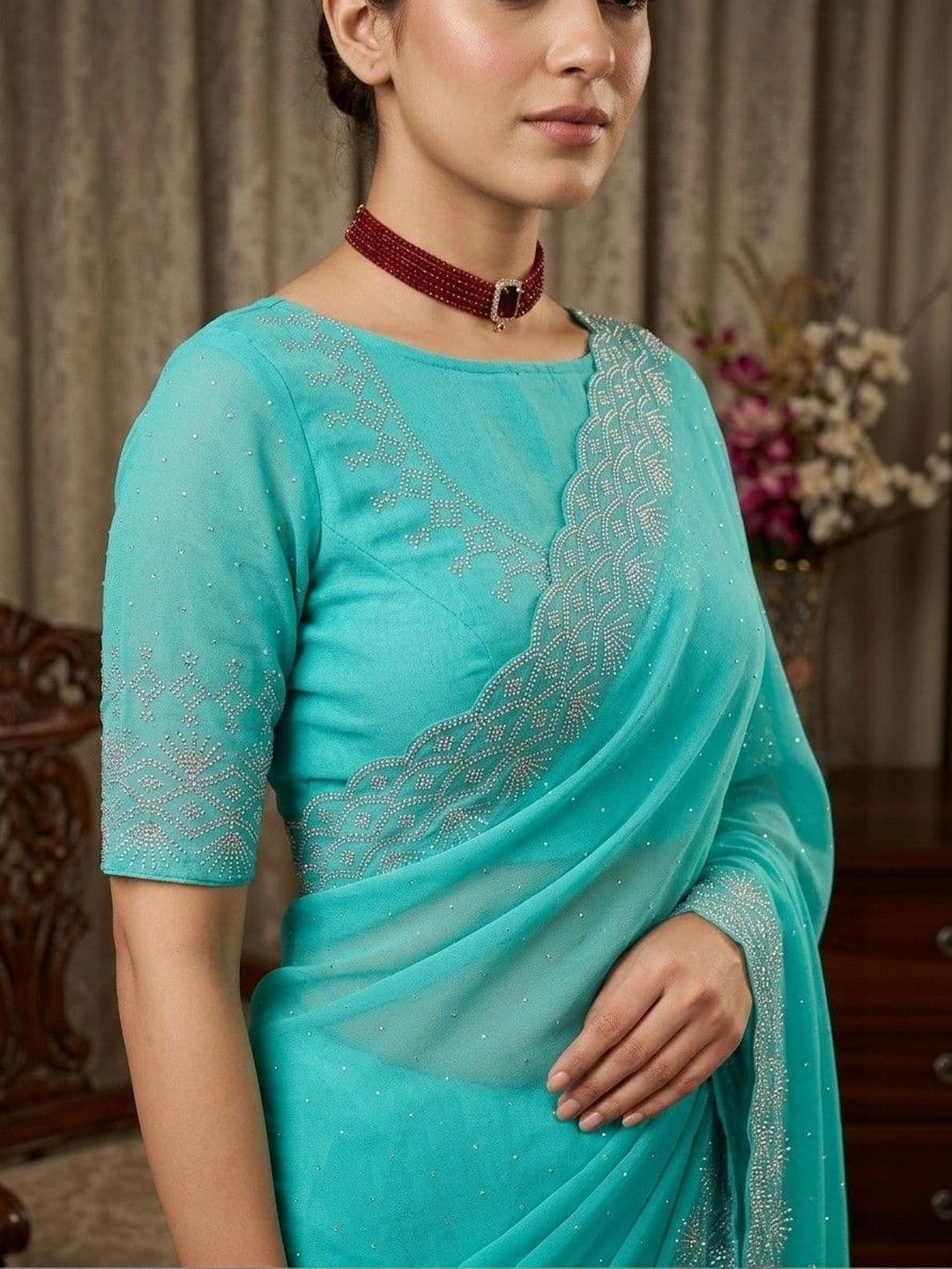 SmileyFashion Embellished Embroidered Pure Georgette Designer Saree thumbnail 5