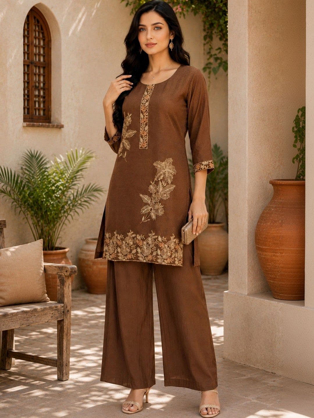 Moda Rapido Organic Cotton Embroidered Tunic with Palazzos thumbnail 4