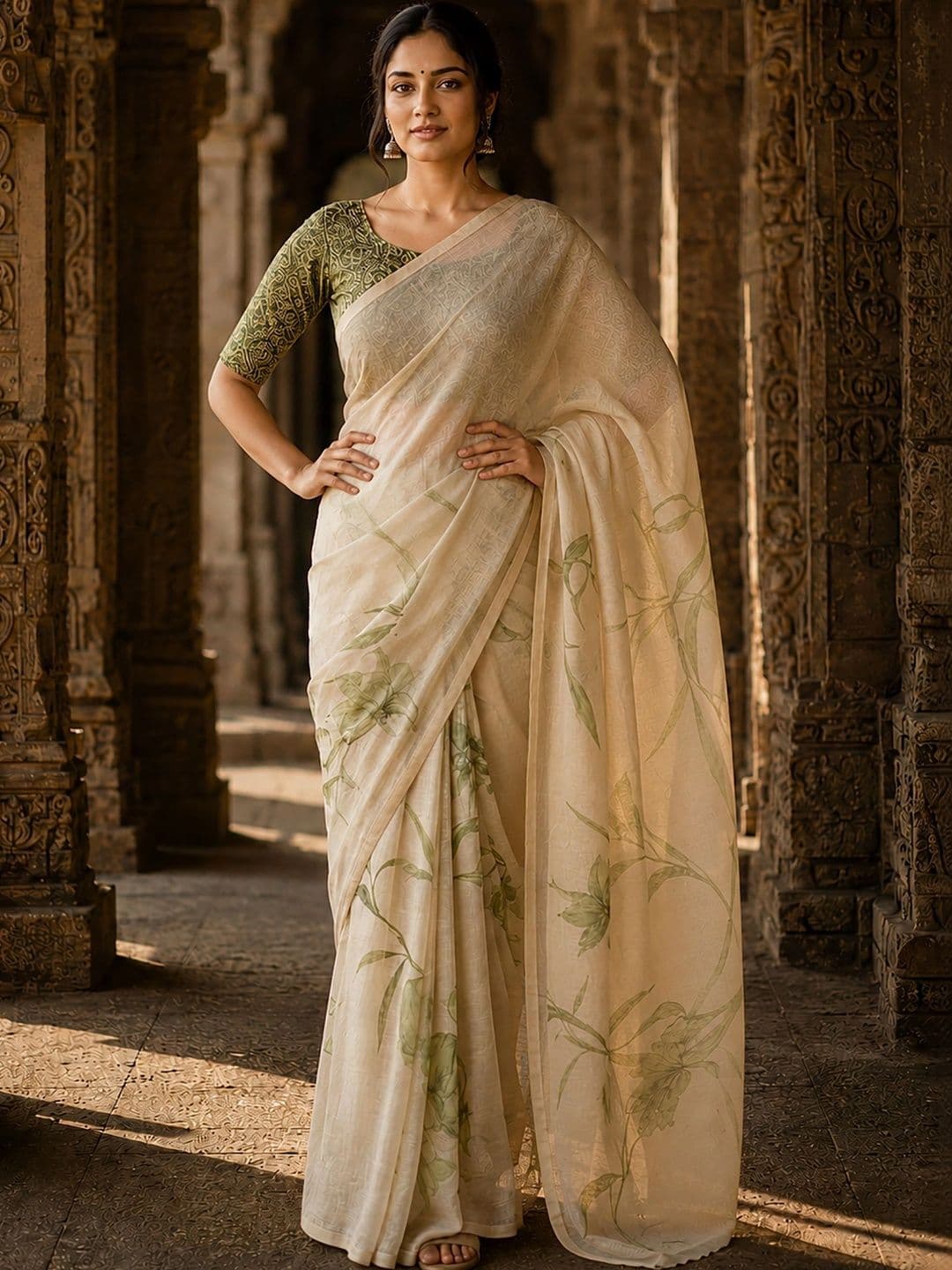 Mitera Floral Linen Blend Designer Block Print Saree thumbnail 2