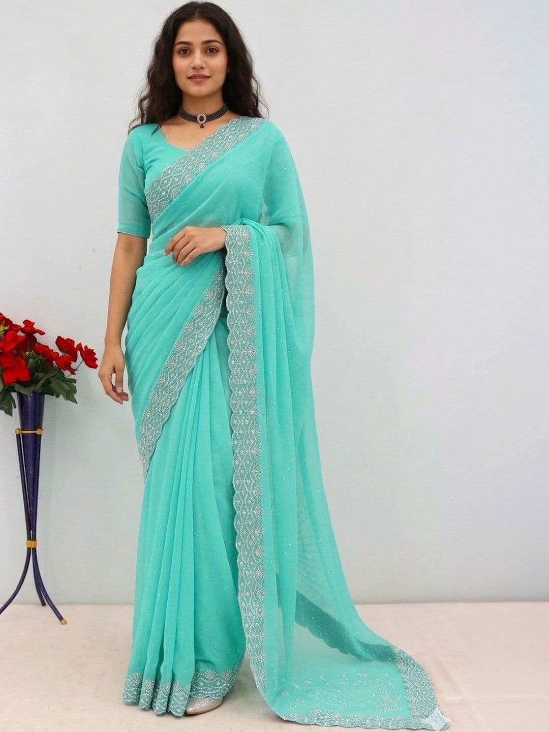 SmileyFashion Embellished Pure Georgette Designer Saree - view 1