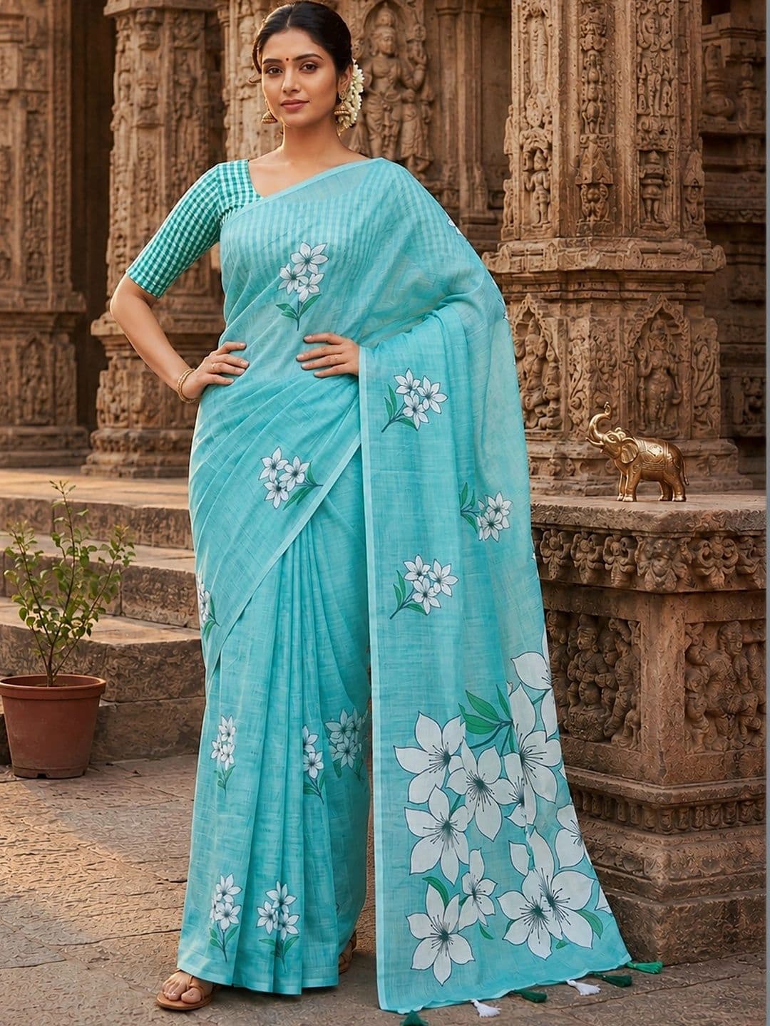 Mitera Floral Linen Blend Designer Block Print Saree thumbnail 2