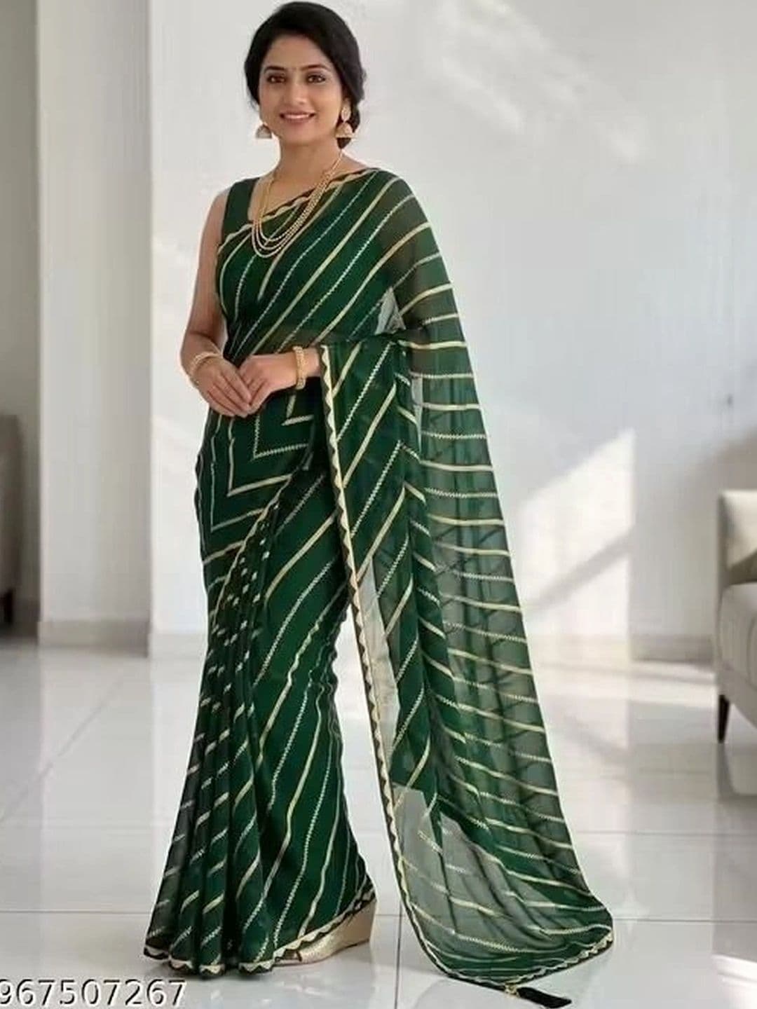 RENBRIZA Striped Zari Poly Georgette Leheriya Saree - view 1