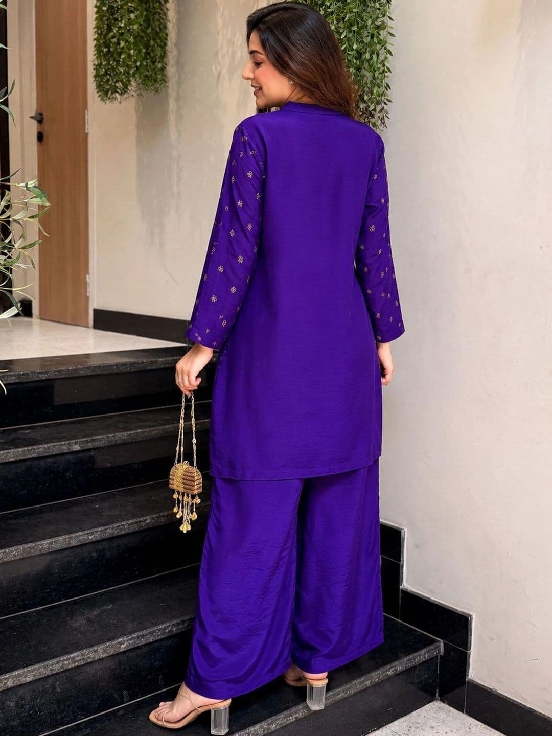 KALINI Women Ethnic Motifs Embroidered Regular Thread Work Silk Crepe Kurta with Palazzos thumbnail 2