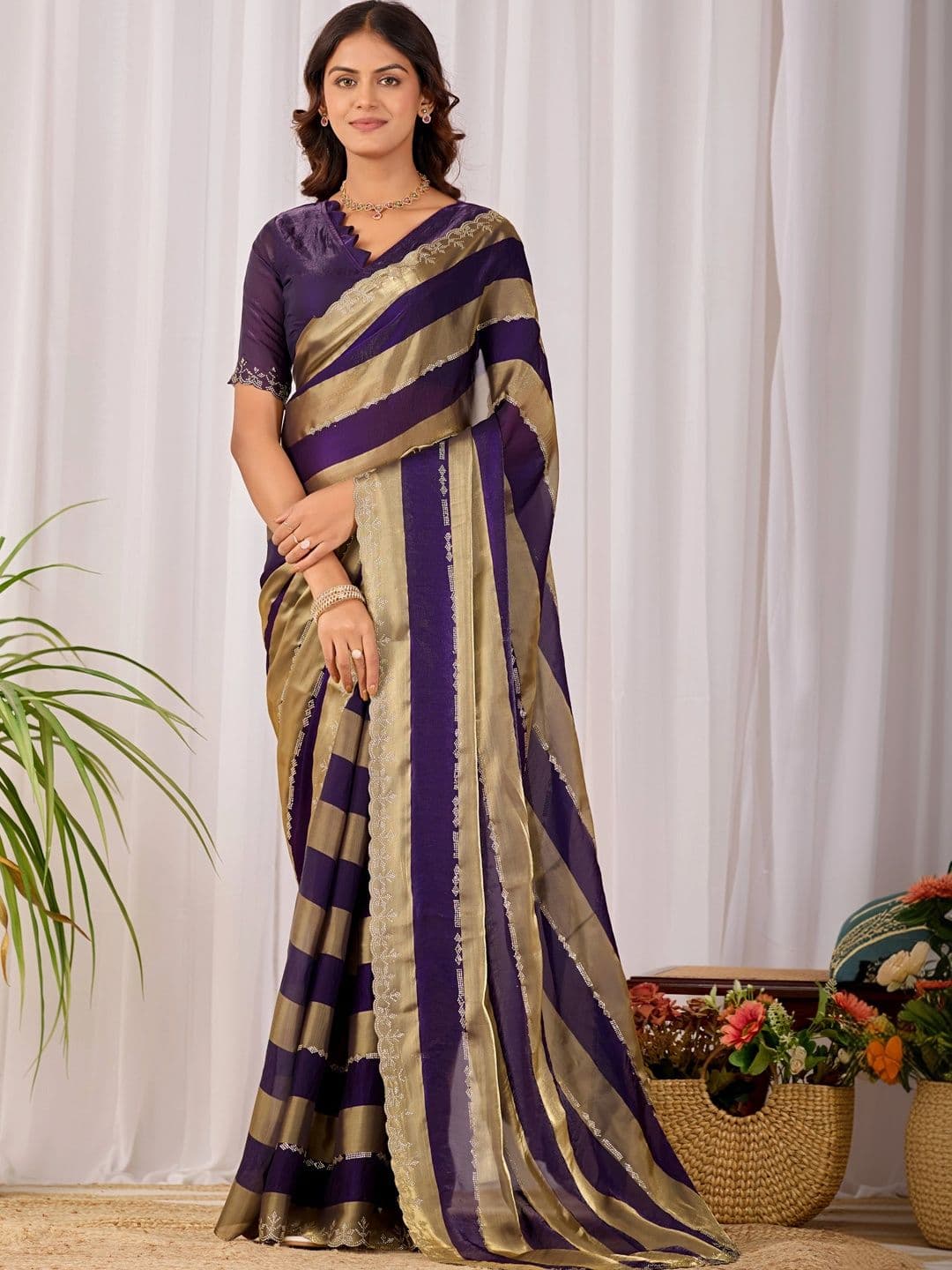 K 5 Fashion Striped Zari Satin Fusion Ikat Saree - view 1