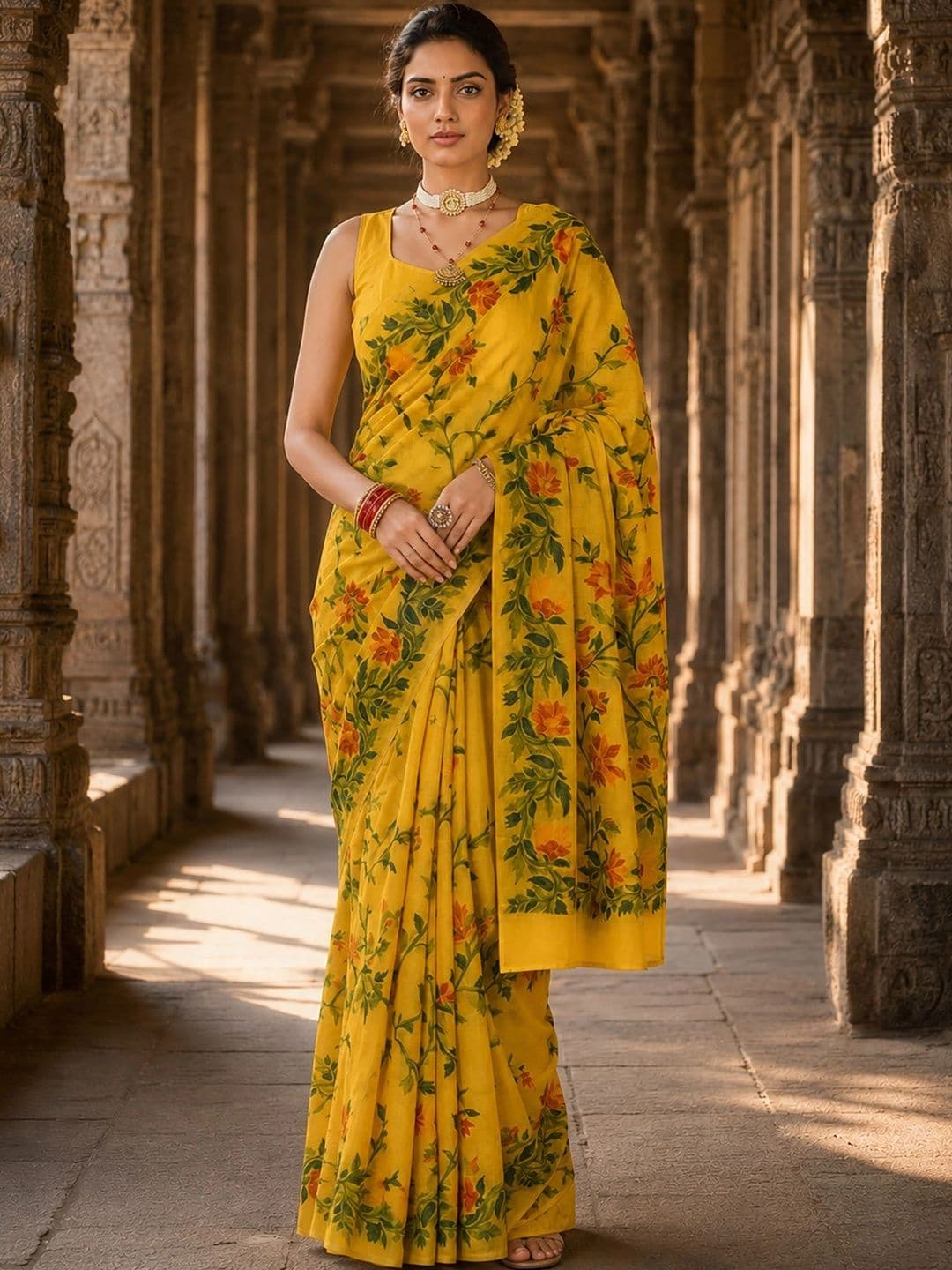 Mitera Floral Linen Blend Designer Block Print Saree - view 1