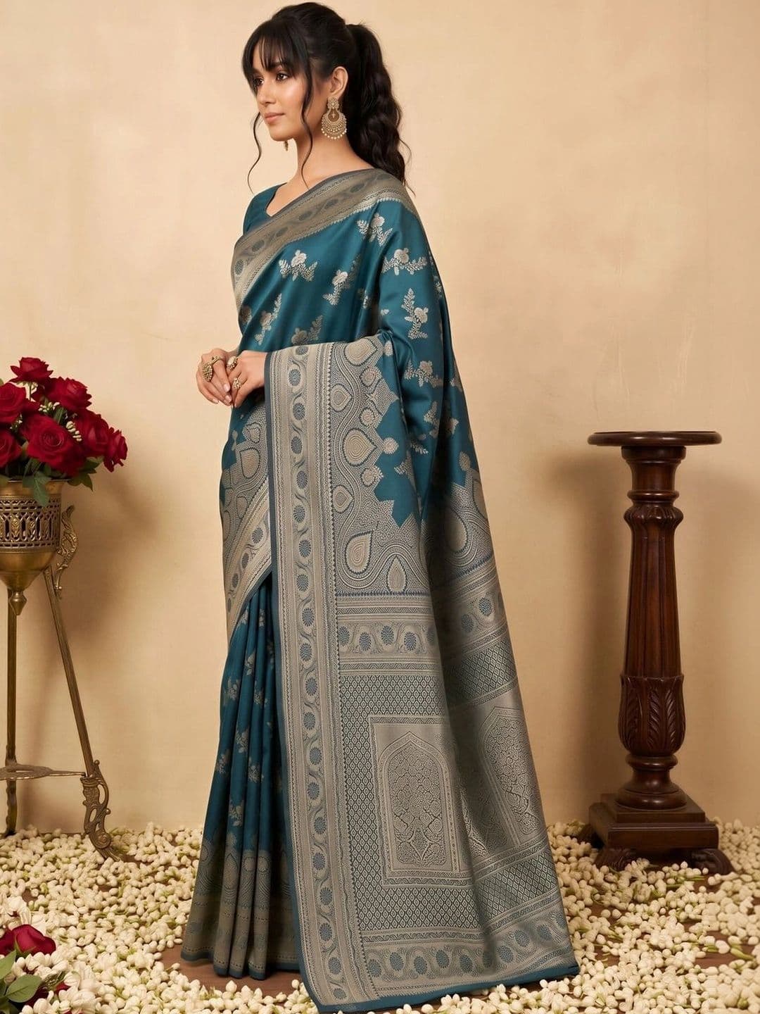 all about you Woven Design Zari Silk Blend Designer Banarasi Saree thumbnail 3