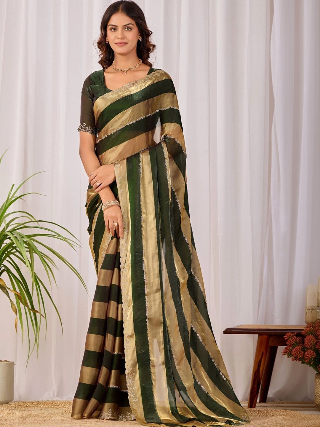 K 5 Fashion Striped Embroidered Satin Fusion Ikat Saree - view 1