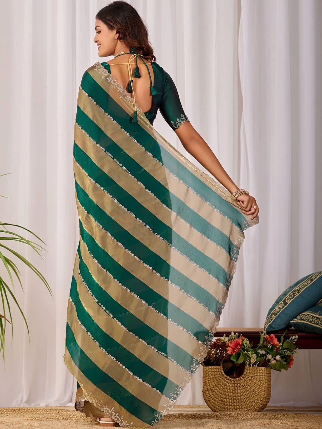 K 5 Fashion Ethnic Motifs Embroidered Satin Fusion Ikat Saree thumbnail 3
