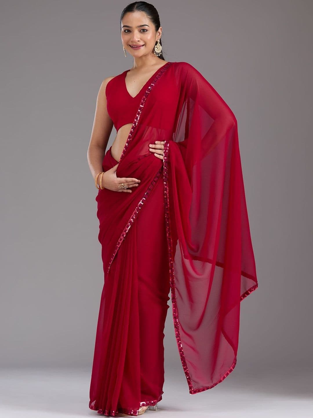 Koskii Women Sequins Maroon Georgette Saree With Unstitched Blouse - view 1