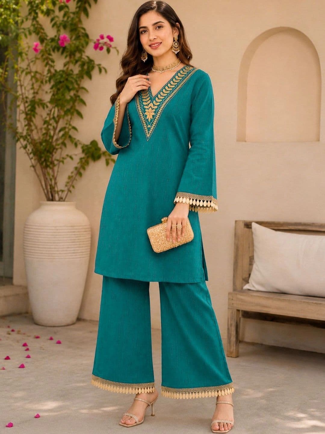 BILANZA Women Ethnic Motifs Embroidered Regular Kurta with Palazzos thumbnail 5