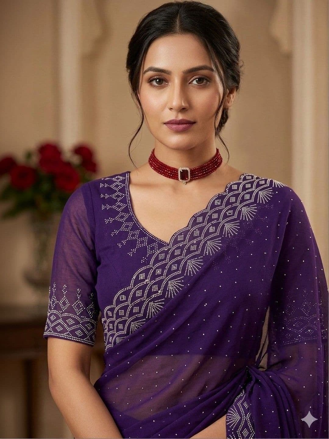 SmileyFashion Embellished Pure Georgette Designer Saree thumbnail 2