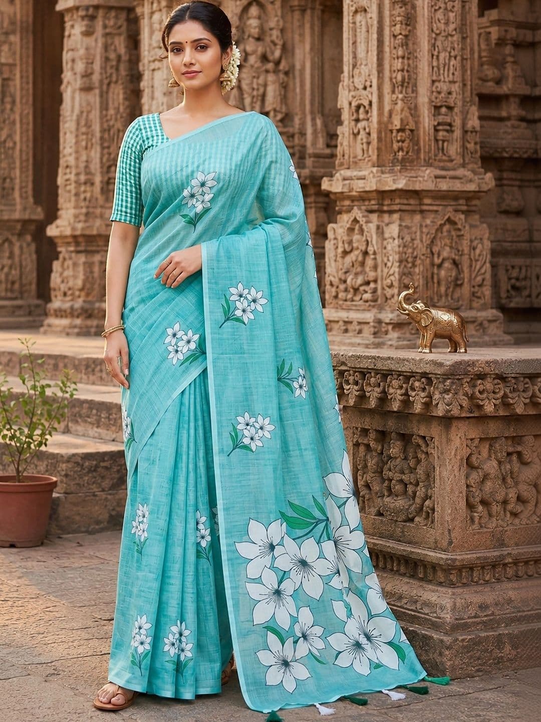 Mitera Floral Linen Blend Designer Block Print Saree - view 1