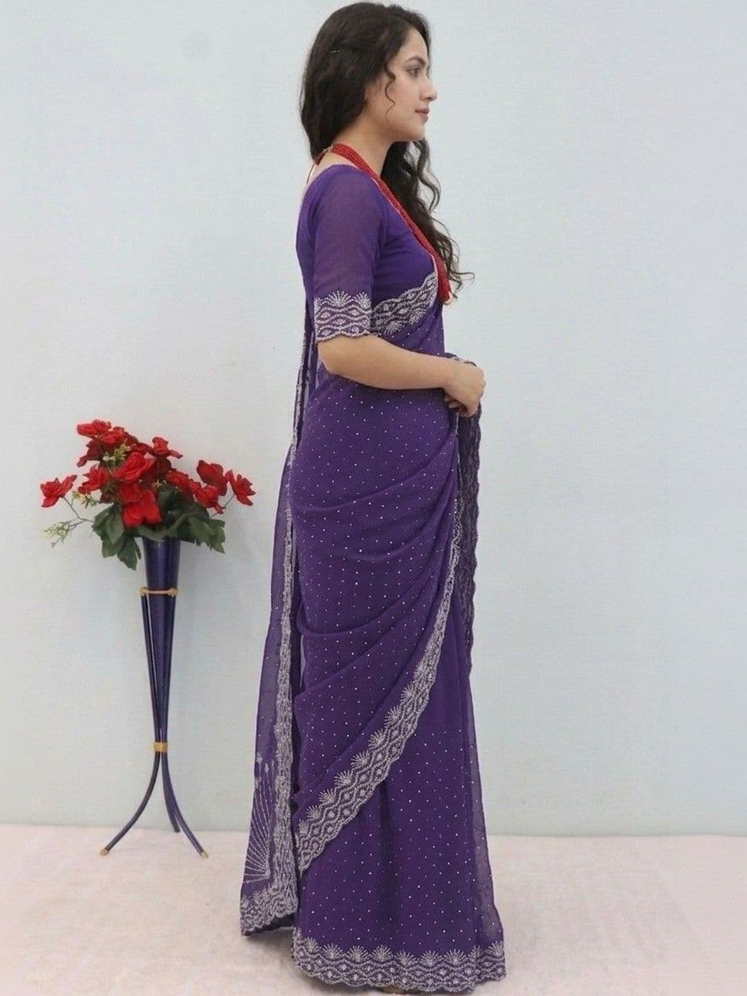 SmileyFashion Embellished Embroidered Pure Georgette Designer Saree thumbnail 2