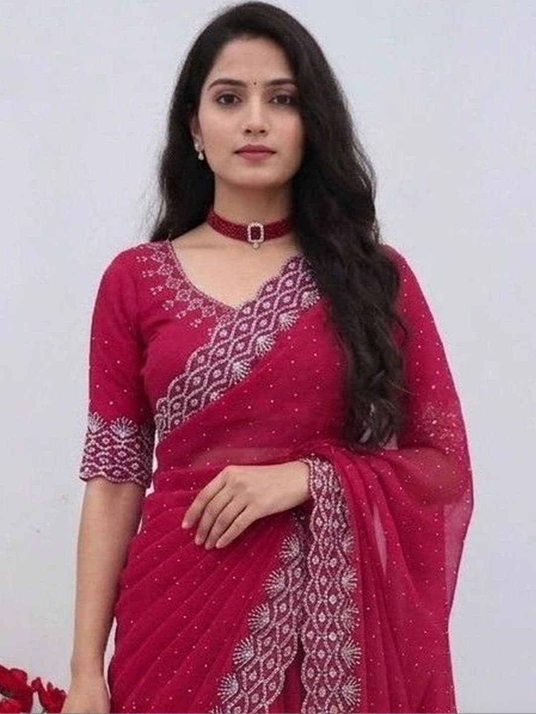 SmileyFashion Embellished Pure Georgette Designer Saree thumbnail 2
