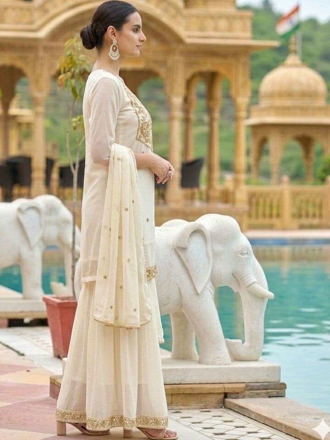 ANVERI TEXTILES Women Ethnic Motifs Embroidered Regular Kurta with Sharara & With Dupatta thumbnail 3