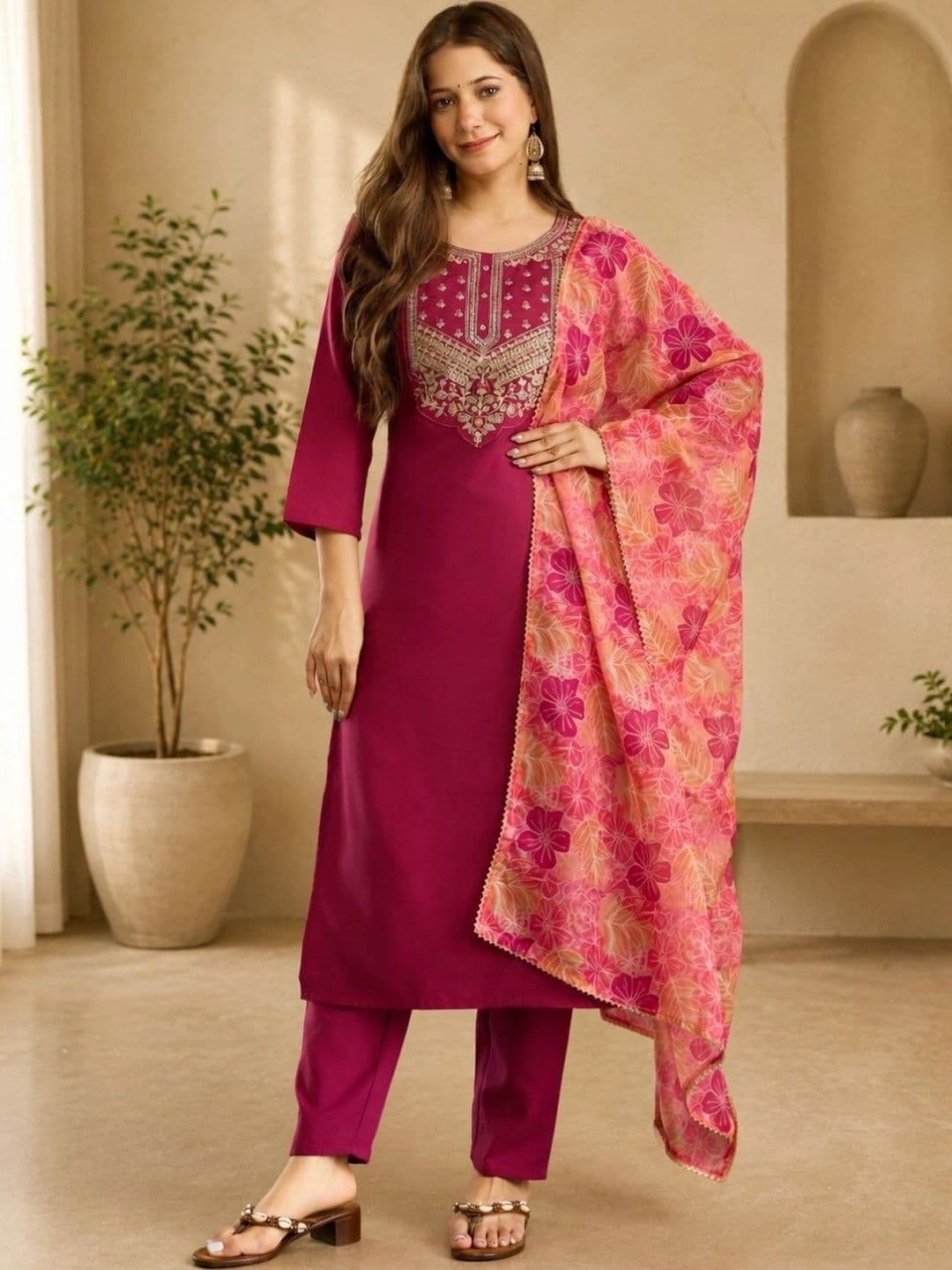 Moda Rapido Women Ethnic Motifs Embroidered Regular Thread Work Kurta with Trousers & With Dupatta - view 1