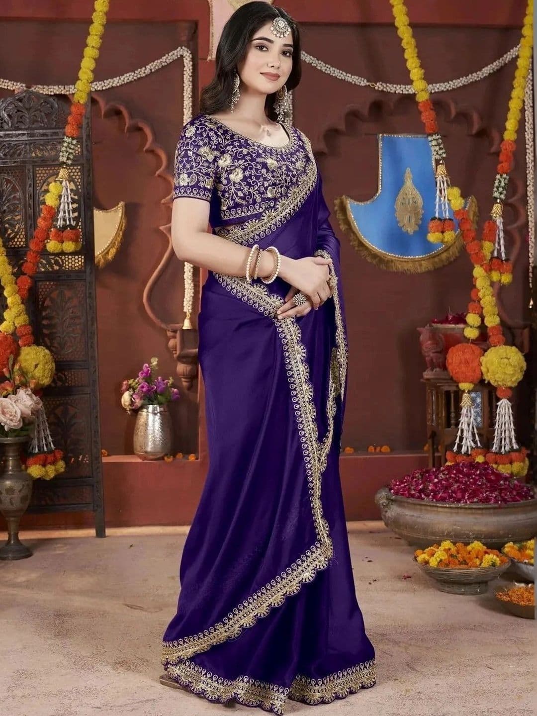 KALINI Floral Embroidered Silk Blend Heavy Work Saree - view 1