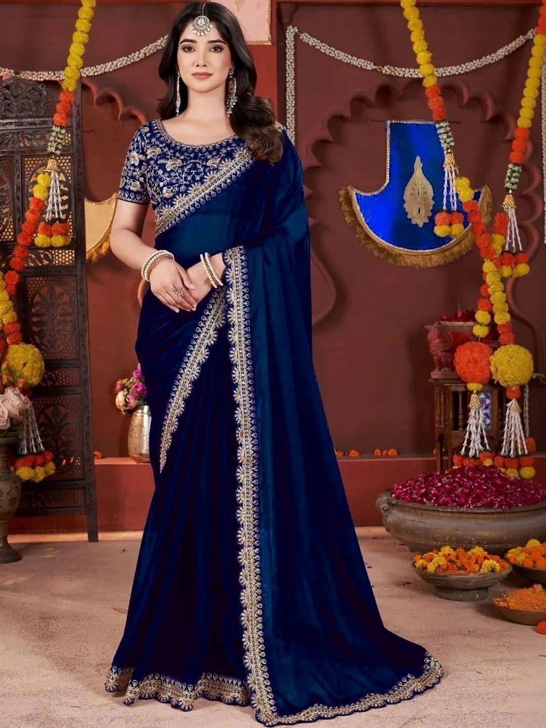 KALINI Floral Embroidered Silk Blend Heavy Work Saree thumbnail 5