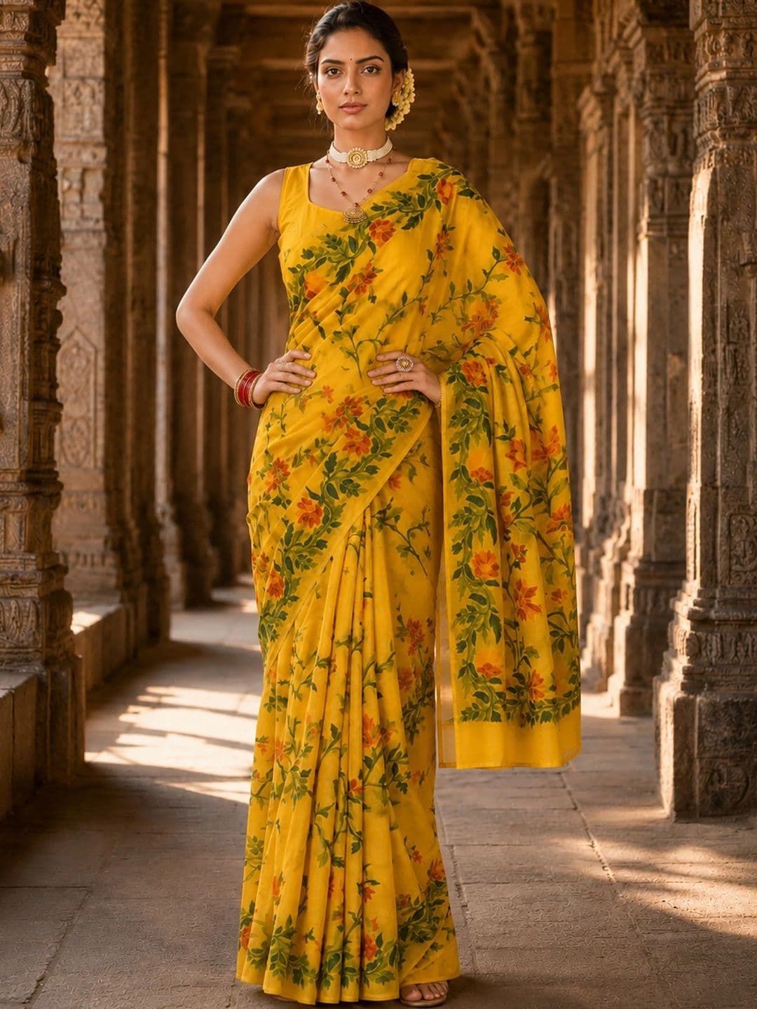 Mitera Floral Linen Blend Designer Block Print Saree thumbnail 3