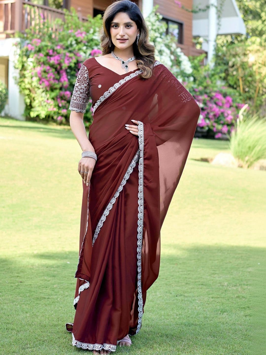 K 5 Fashion Ethnic Motifs Embroidered Pure Georgette Fusion Ikat Saree thumbnail 3