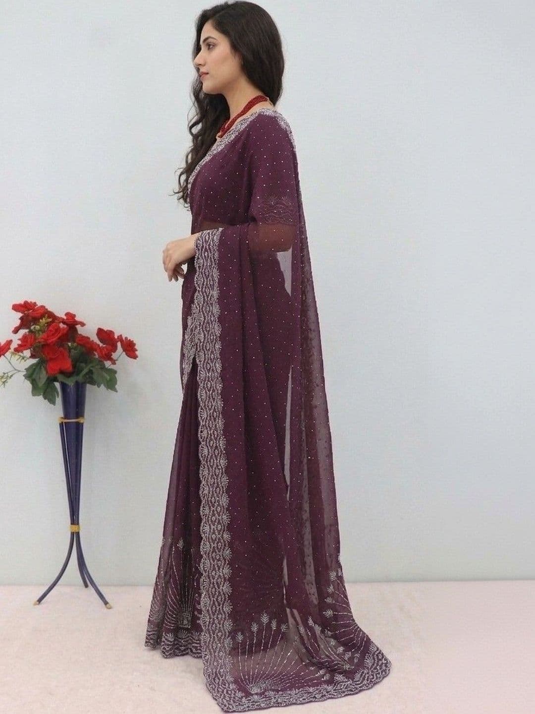 SmileyFashion Embellished Pure Georgette Designer Saree thumbnail 2