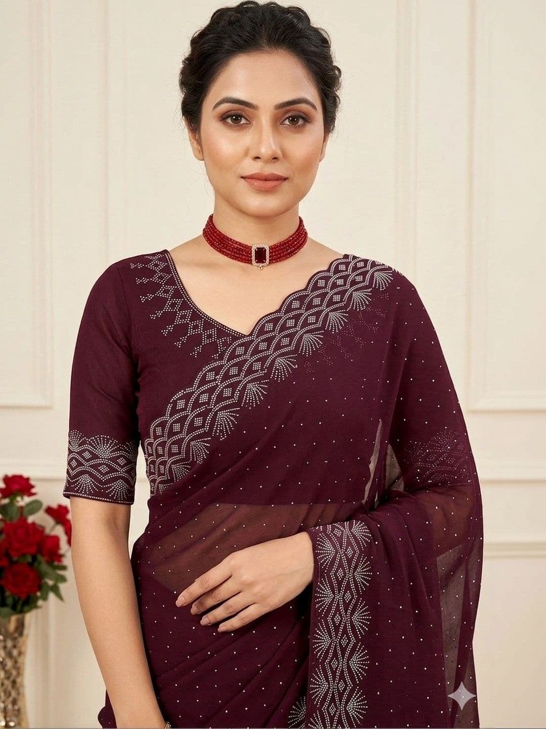 SmileyFashion Embellished Pure Georgette Designer Saree thumbnail 5