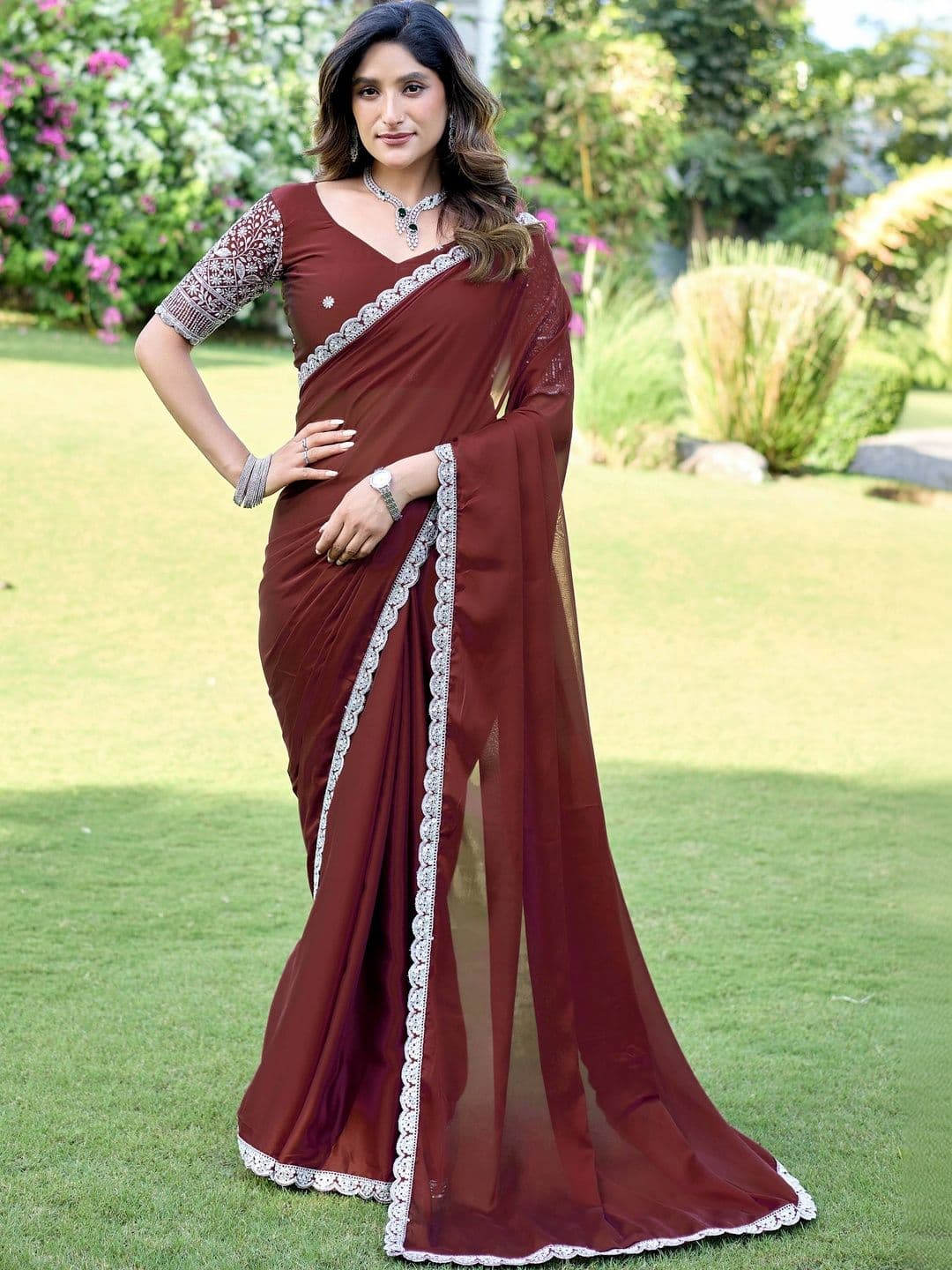 K 5 Fashion Ethnic Motifs Embroidered Pure Georgette Fusion Ikat Saree - view 1