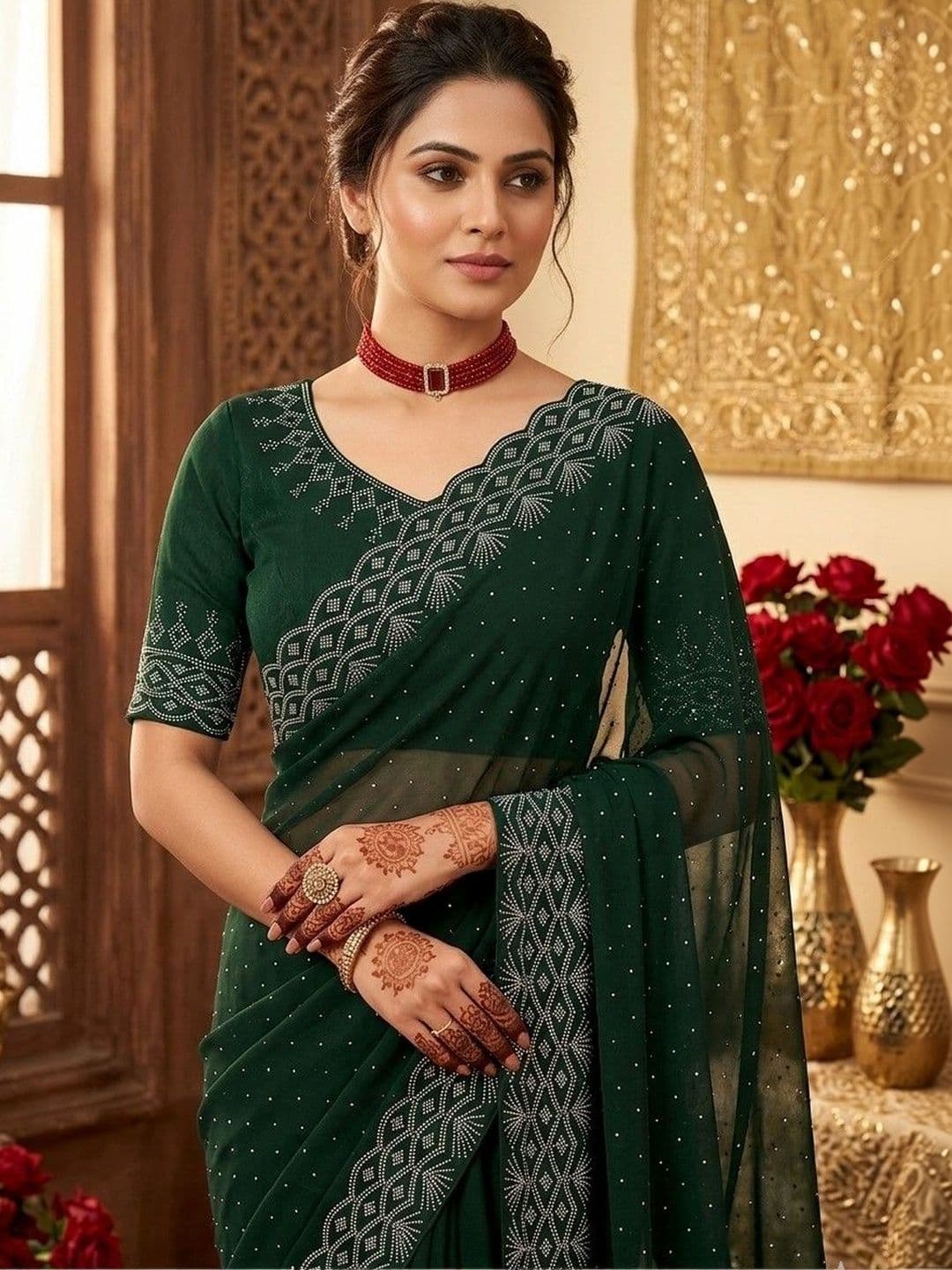 SmileyFashion Embellished Pure Georgette Designer Saree thumbnail 4