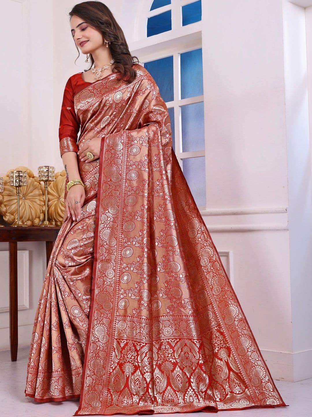 revika Woven Design Zari Art Silk Designer Kanjeevaram Saree thumbnail 5