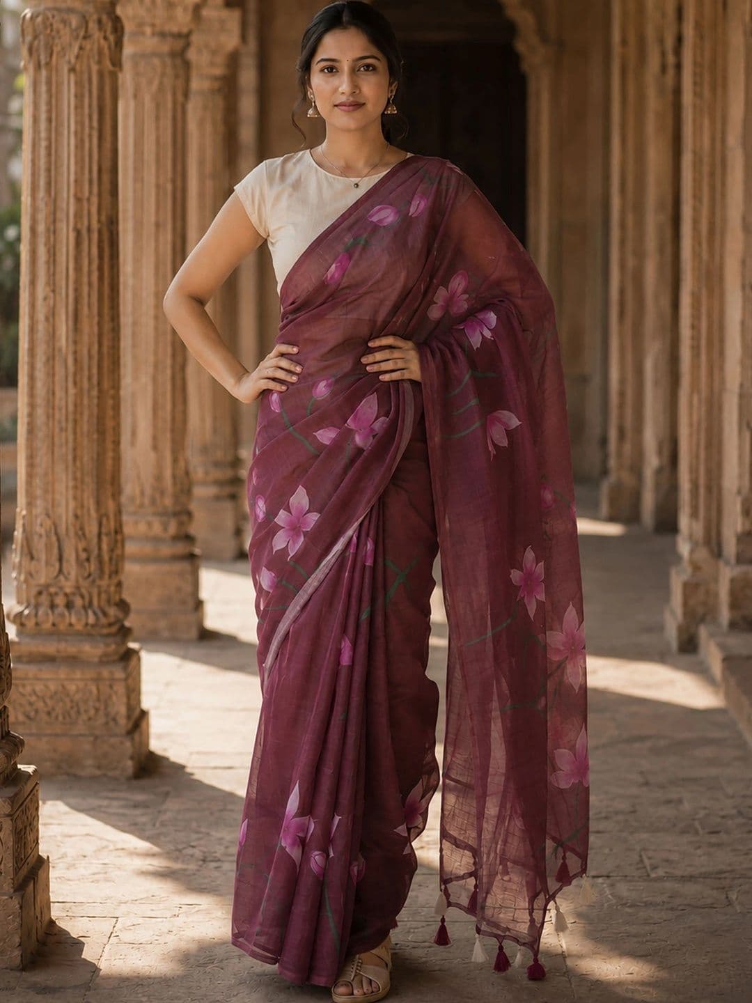 Mitera Floral Linen Blend Designer Block Print Saree thumbnail 2