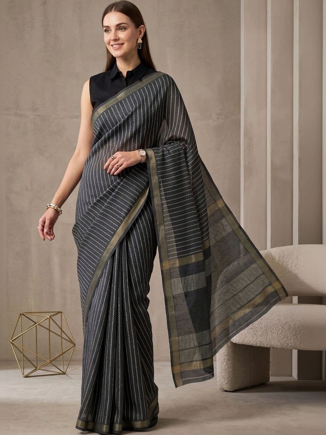 BORAD FASHION  Women Striped Designer Chanderi Saree - view 1