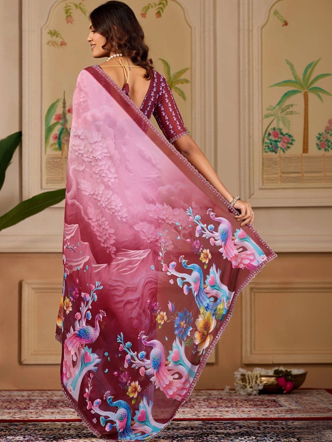 K 5 Fashion Ethnic Motifs Embroidered Pure Georgette Fusion Ikat Saree thumbnail 2
