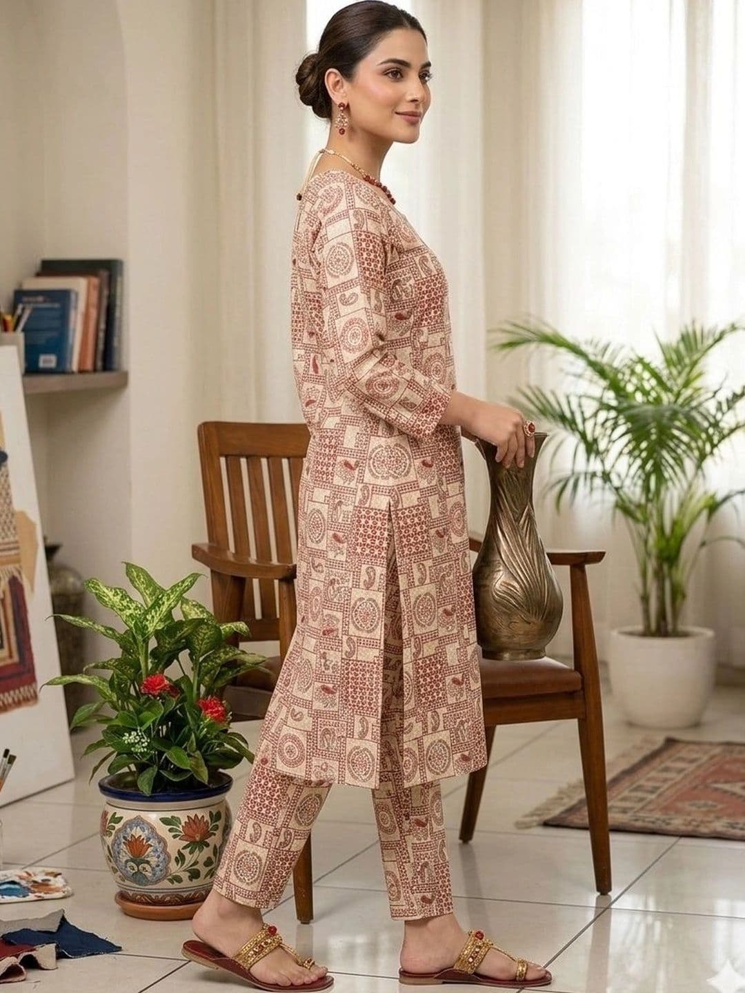 Khasmuda Attire Women Ethnic Motifs Printed Regular Pure Cotton Kurta with Trousers thumbnail 2