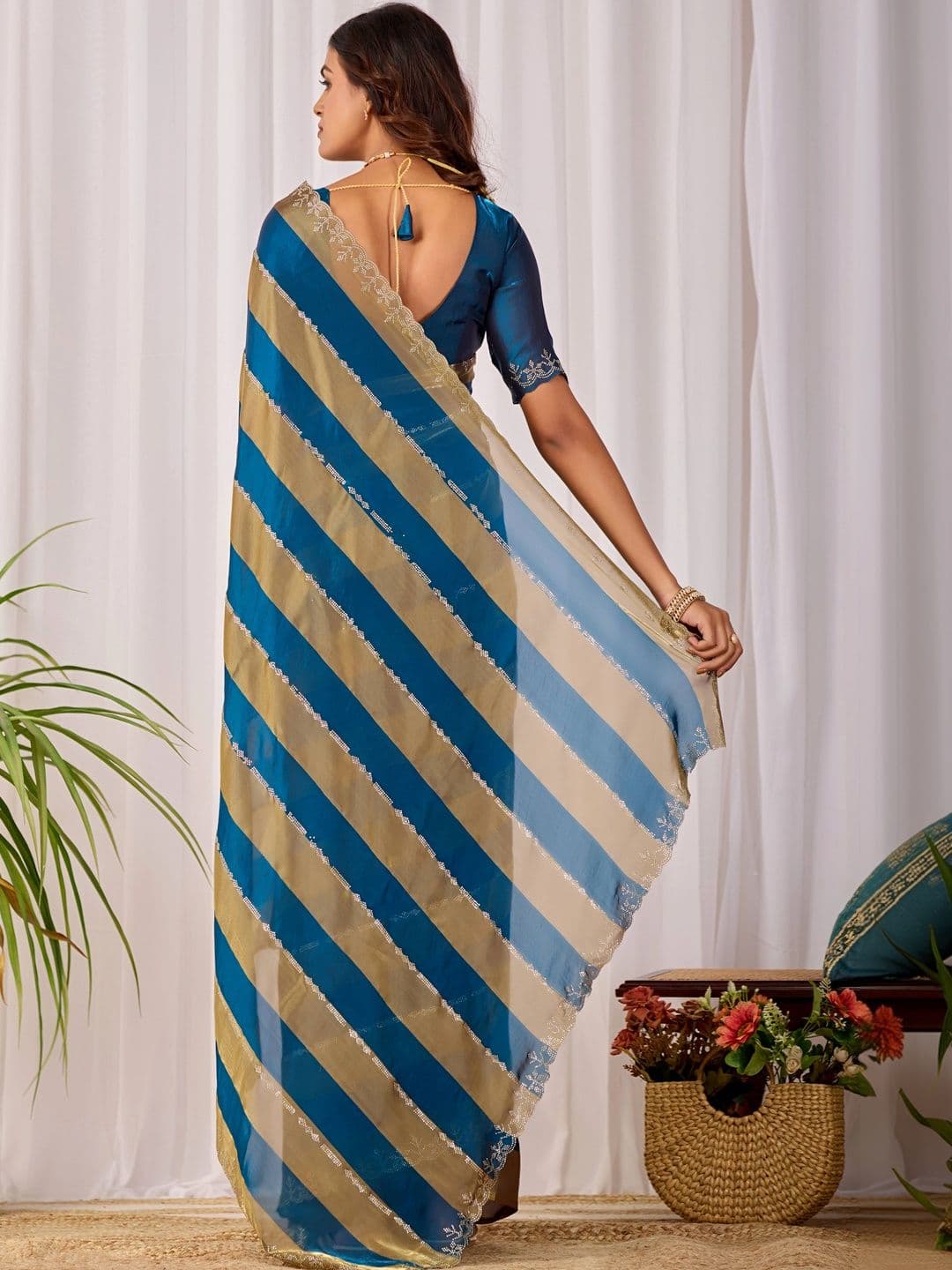 K 5 Fashion Striped Zari Satin Fusion Ikat Saree thumbnail 7