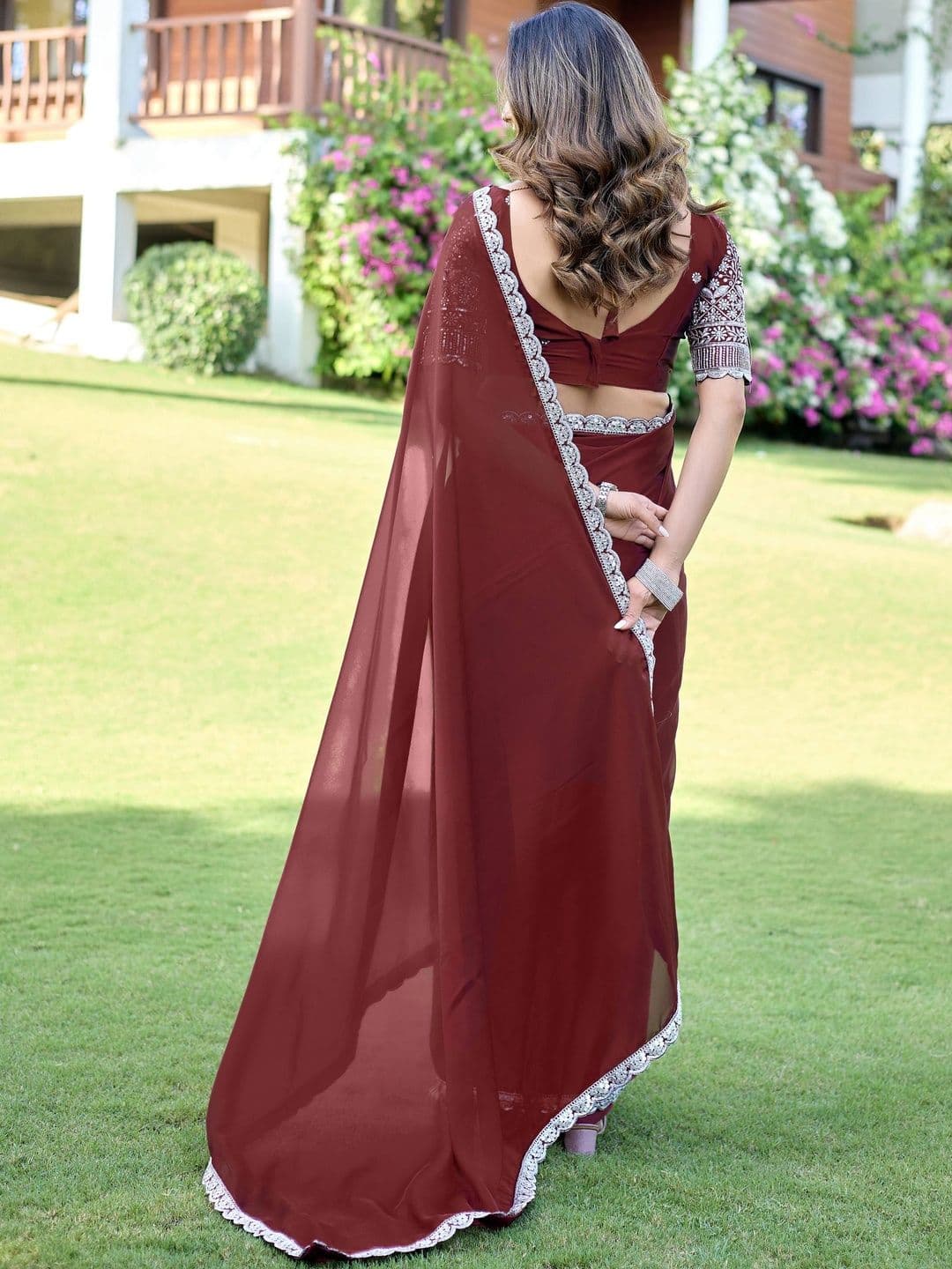 K 5 Fashion Ethnic Motifs Embroidered Pure Georgette Fusion Ikat Saree thumbnail 4