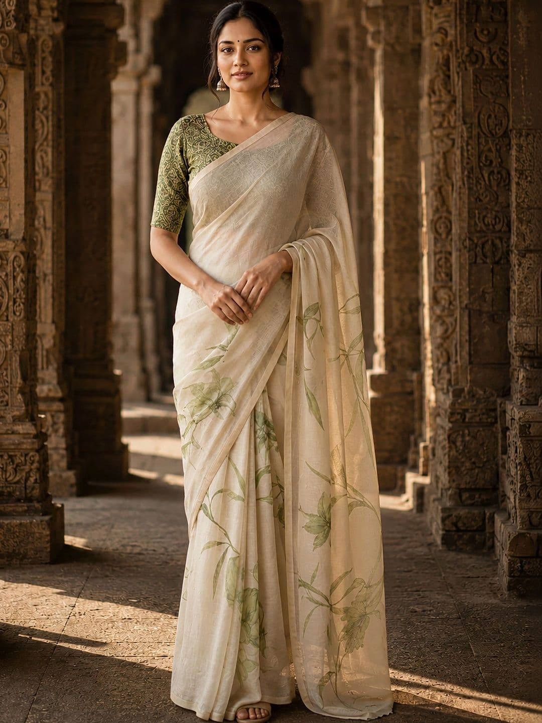Mitera Floral Linen Blend Designer Block Print Saree - view 1