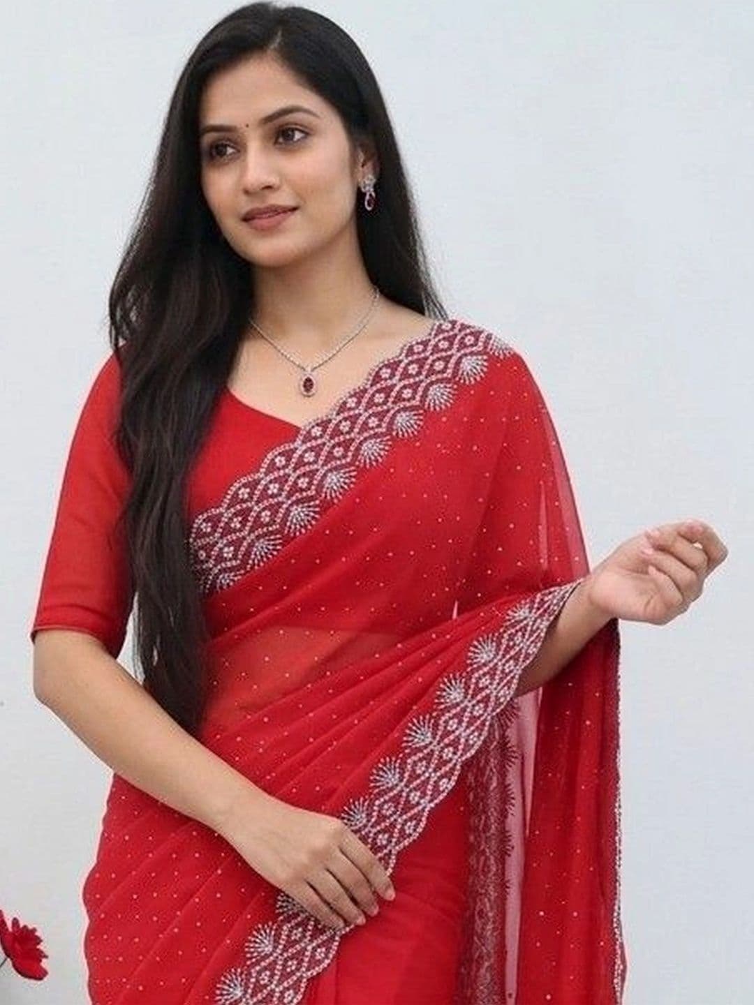 SmileyFashion Embellished Pure Georgette Designer Saree thumbnail 2
