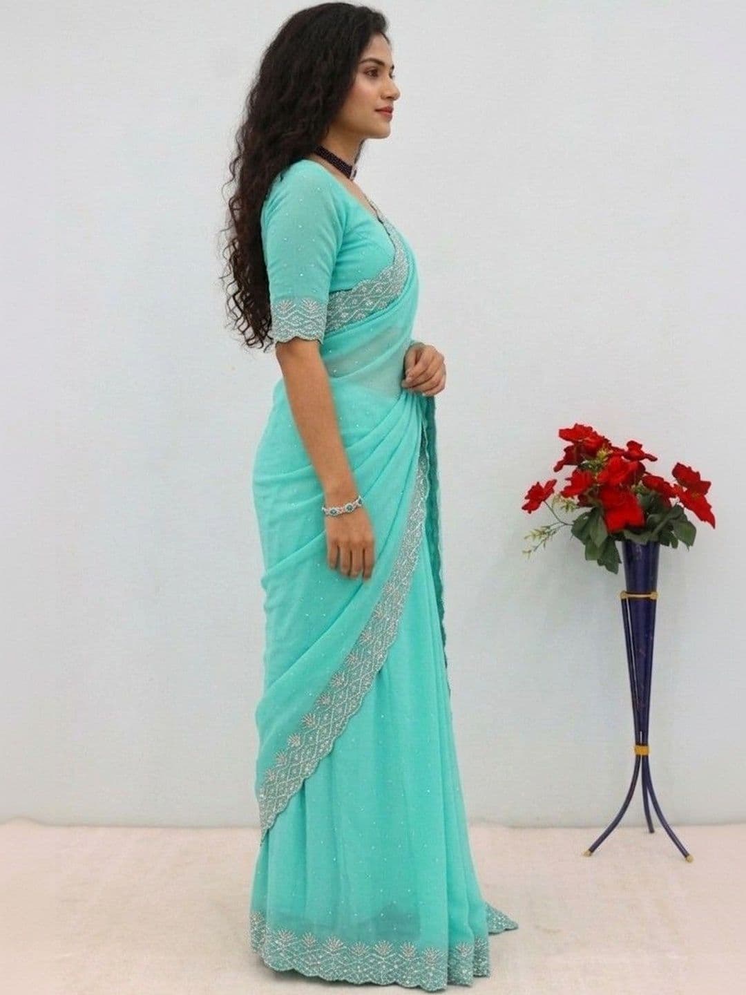 SmileyFashion Embellished Embroidered Pure Georgette Designer Saree thumbnail 4