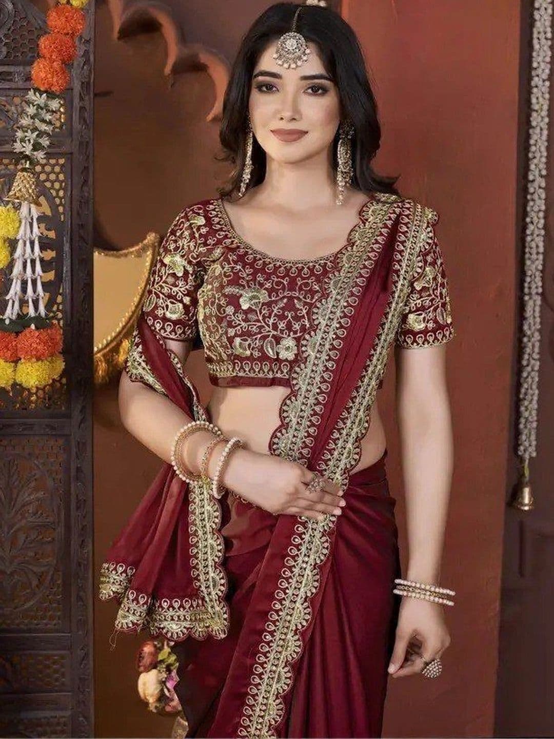 KALINI Floral Embroidered Silk Blend Heavy Work Saree thumbnail 5