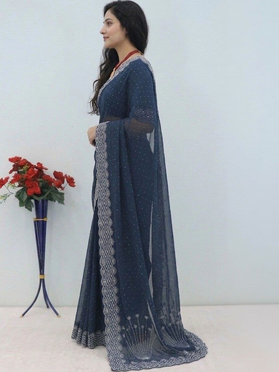 SmileyFashion Embellished Embroidered Pure Georgette Designer Saree thumbnail 5