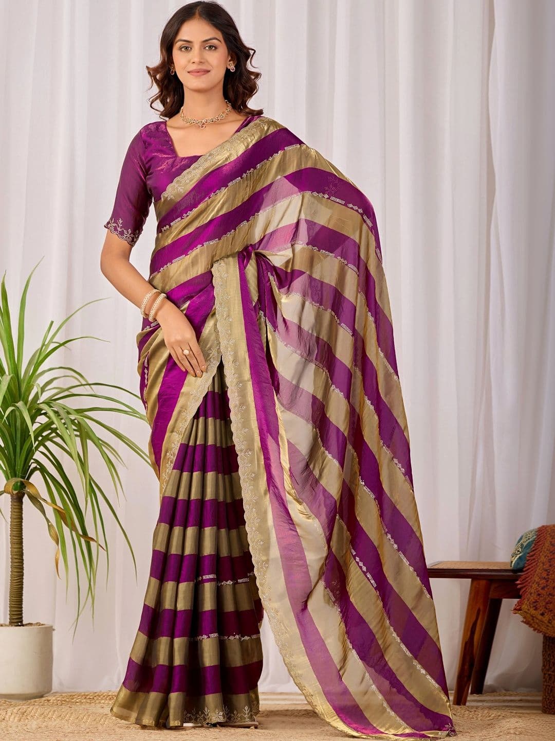 K 5 Fashion Striped Zari Satin Fusion Ikat Saree - view 1
