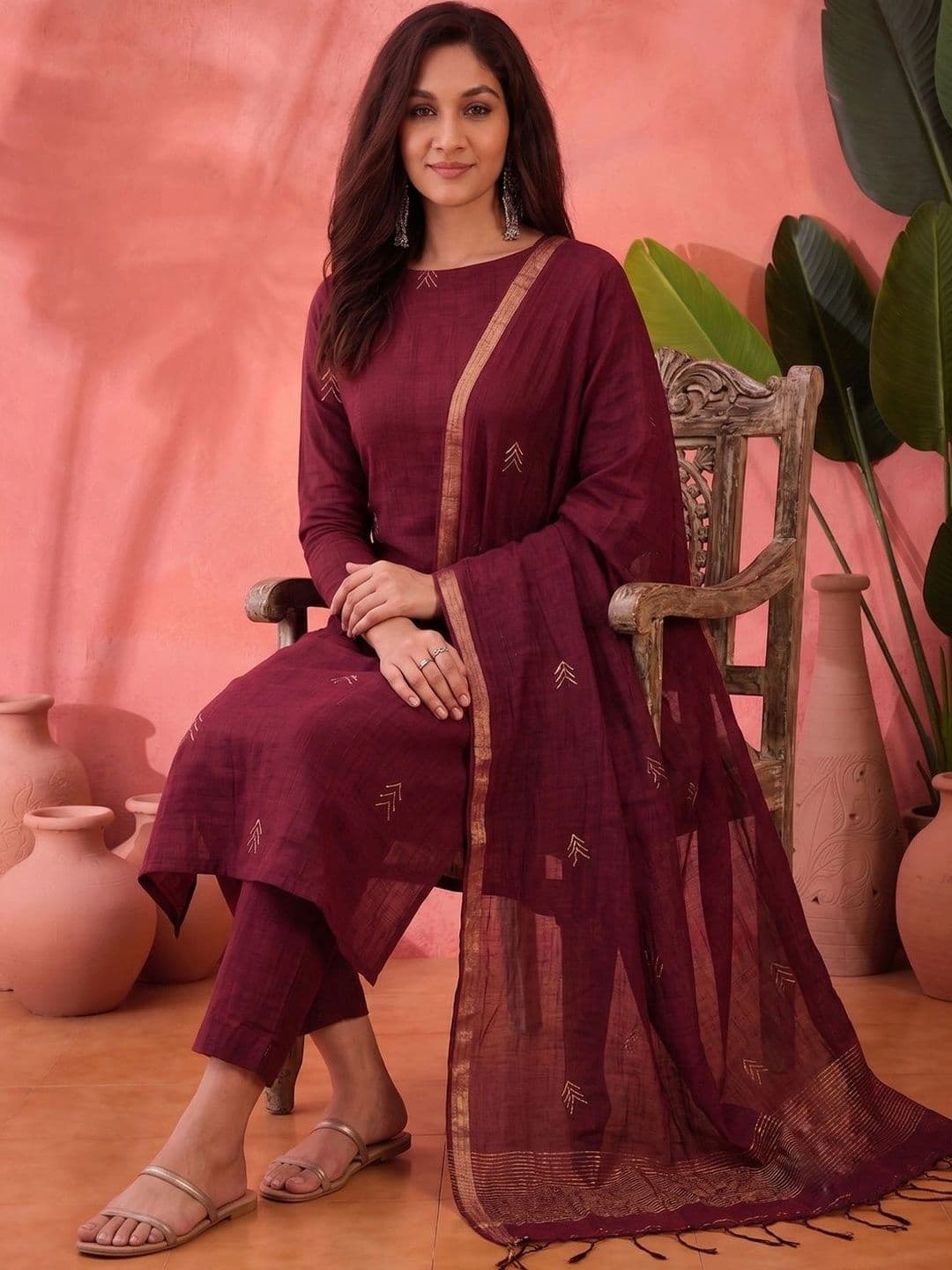 Sangria Women Ethnic Motifs Regular Kurta with Trousers & With Dupatta thumbnail 5