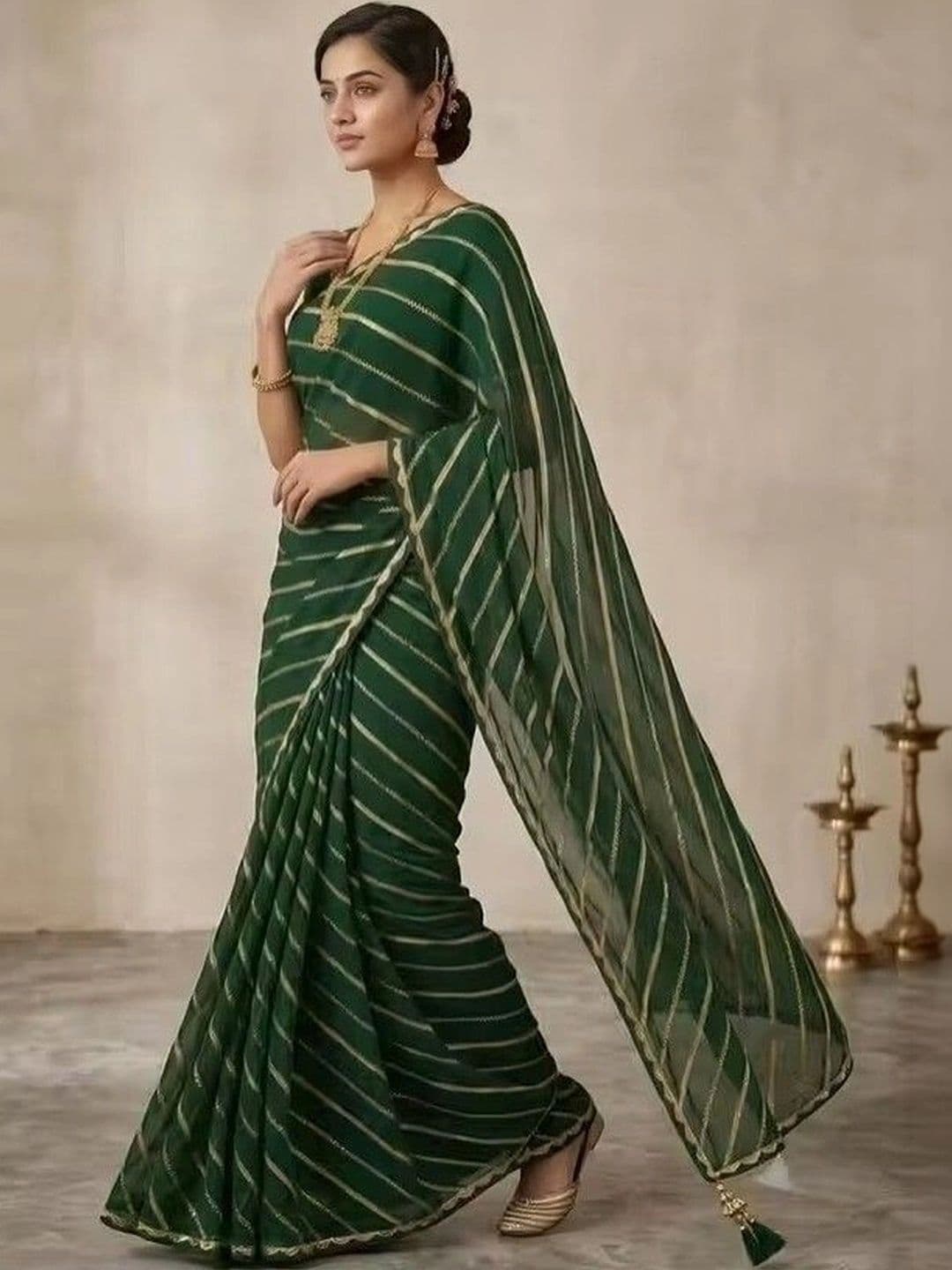 RENBRIZA Striped Zari Poly Georgette Leheriya Saree thumbnail 2